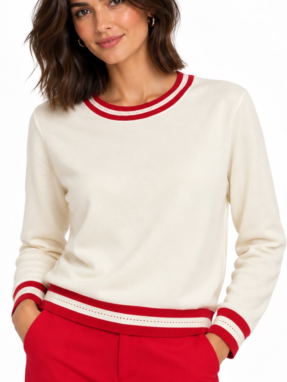 Boden Cream Crewneck Sweater with Red Trim, size Large